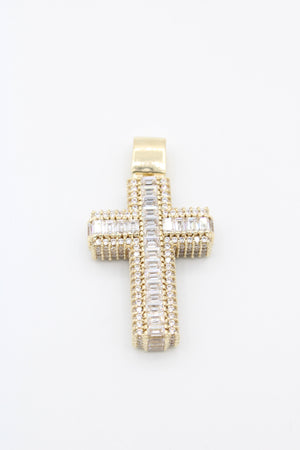 14k Yellow gold cross baguette stone pendant