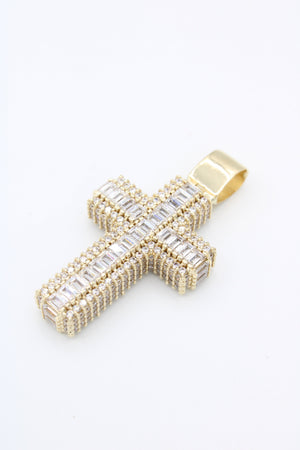 14k Yellow gold cross baguette stone pendant