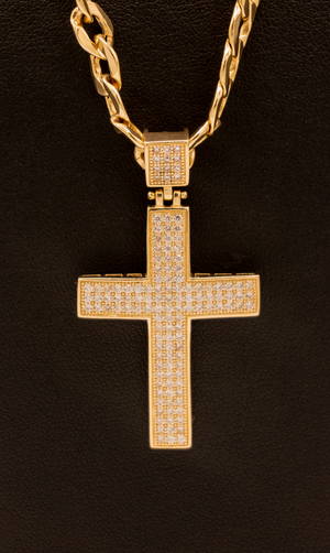 14K CUBAN CHAIN WITH CZ CROSS PENDANT